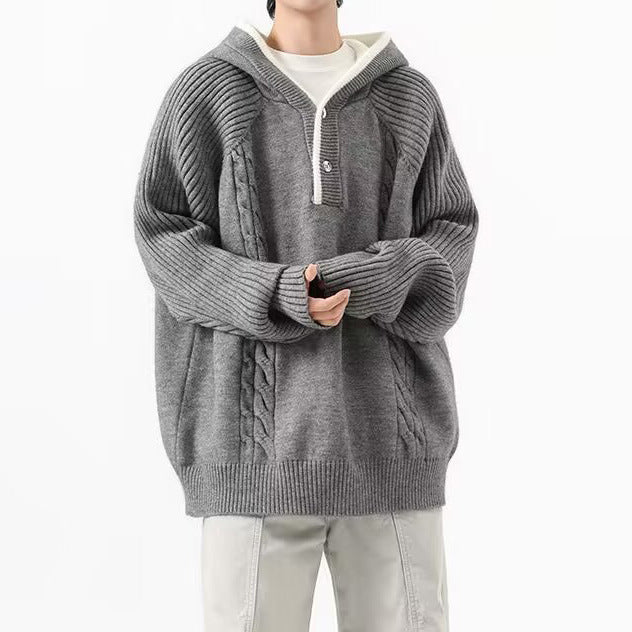 Men's chunky knit pullover with hood and button placket Mune Fashion