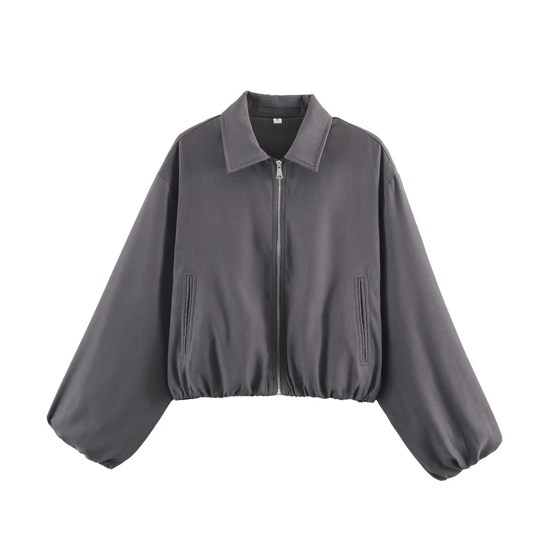 Women's Cropped Bomber Jacket with Full Zip, Wide Balloon Sleeves, and Elastic Hem Mune Fashion