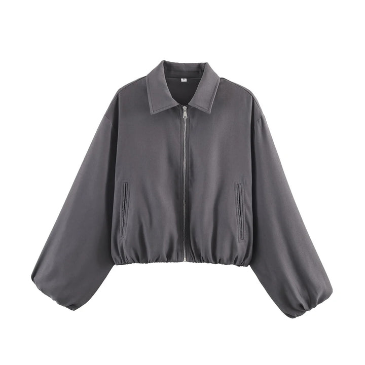 Women's Cropped Bomber Jacket with Full Zip, Wide Balloon Sleeves, and Elastic Hem Mune Fashion