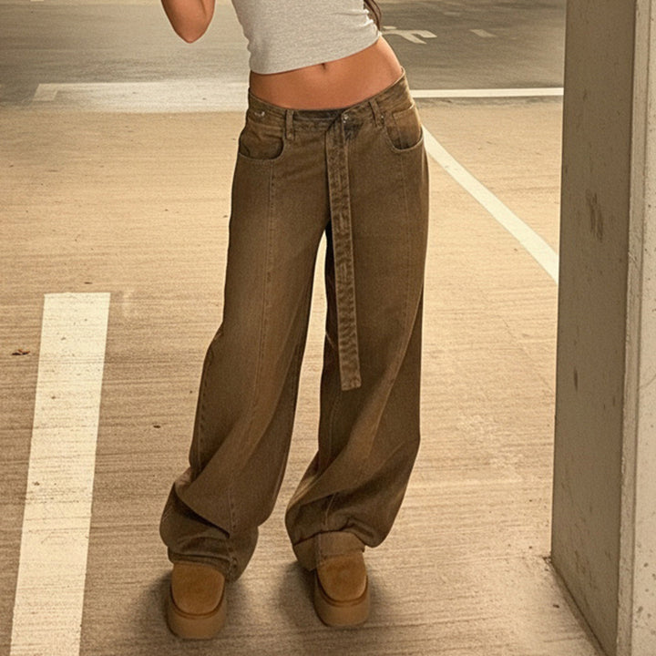 Women High-Waisted Wide Denim Pants with Wide Ties Mune Fashion