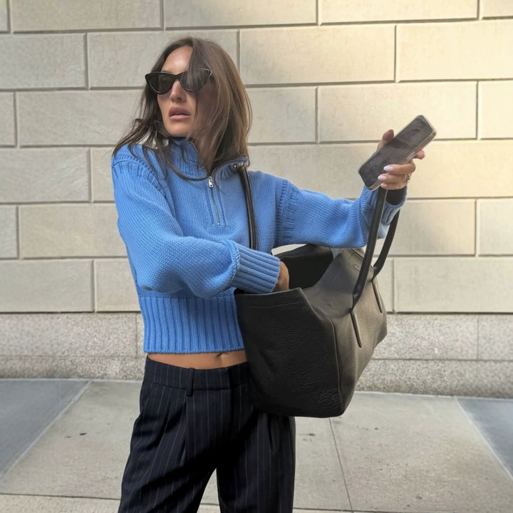 Women Cropped Knit Sweater with Half Zipper, Stand Collar and Balloon Sleeves Mune Fashion