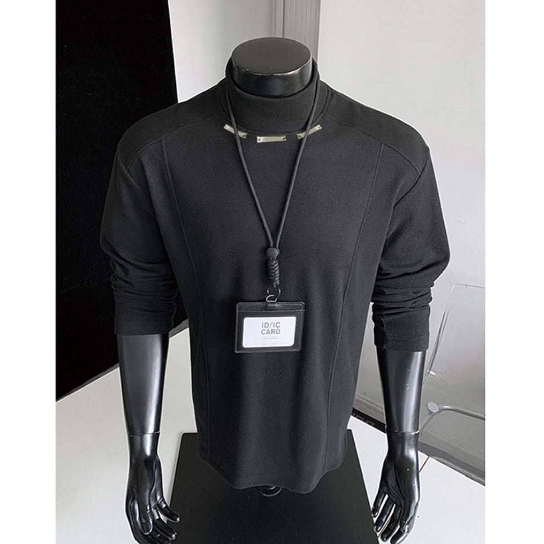 Men's Slim-Fit Long Sleeve Shirt with High Stand Collar and Decorative Metal Stripes Mune Fashion