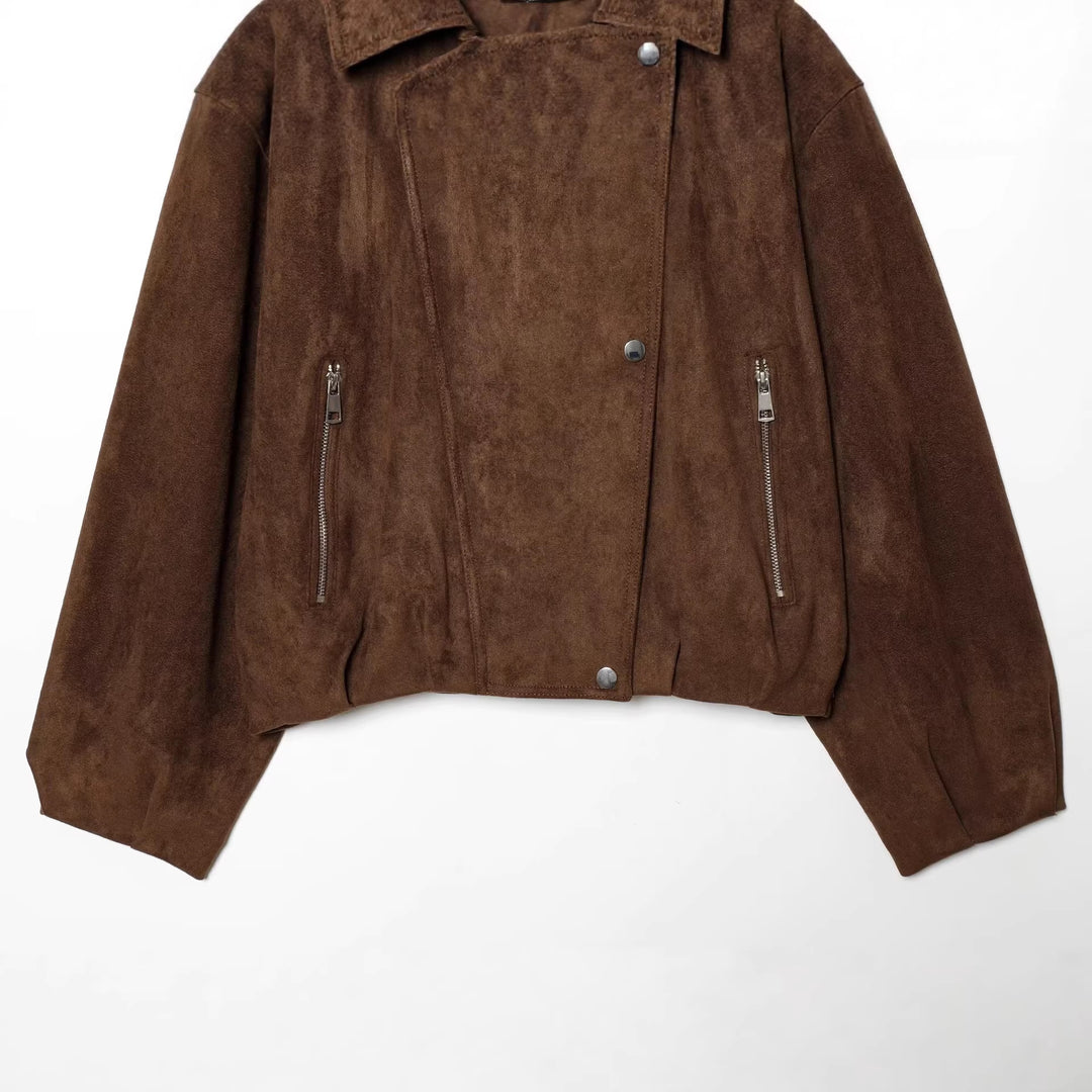 Women Short Suede Biker Jacket with Shoulder Flaps, Zipper Pockets and Boxy Silhouette Mune Fashion