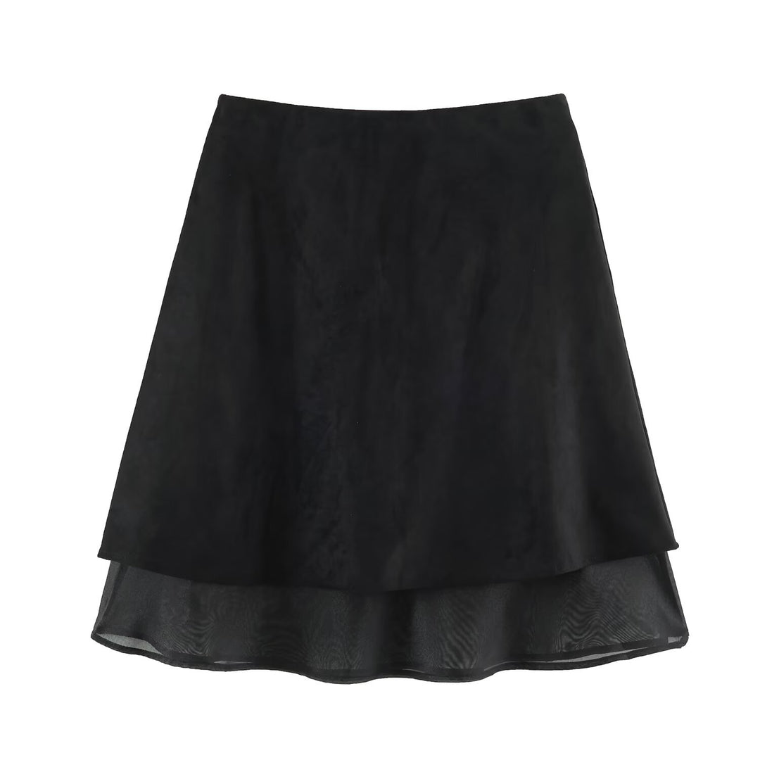 Women’s A-line midi skirt with velour look and chiffon ruffle Mune Fashion