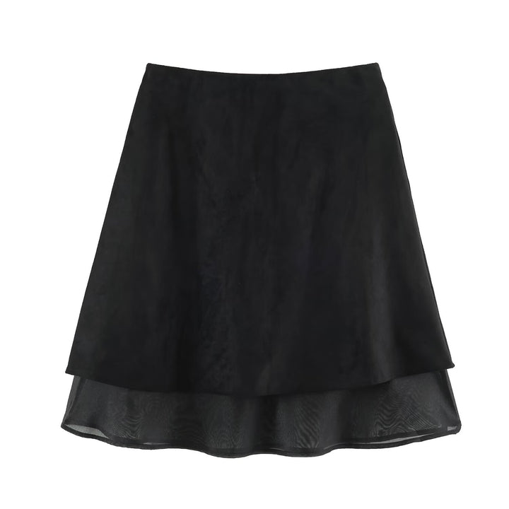 Women’s A-line midi skirt with velour look and chiffon ruffle Mune Fashion