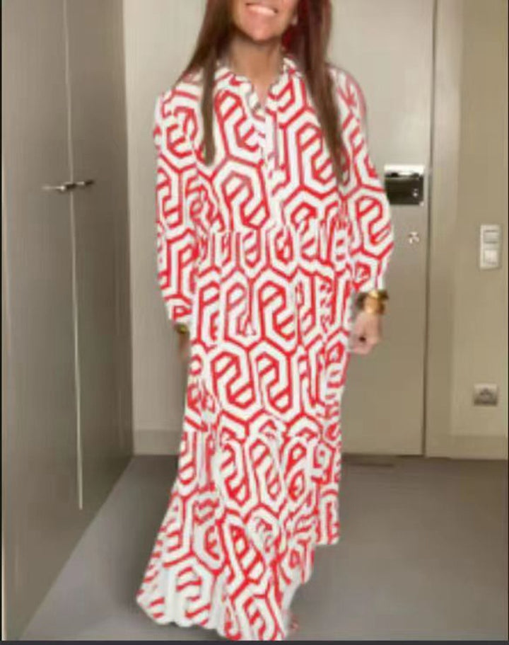 Women's long shirt collar tiered dress with geometric allover print and gathered waist yoke Mune Fashion