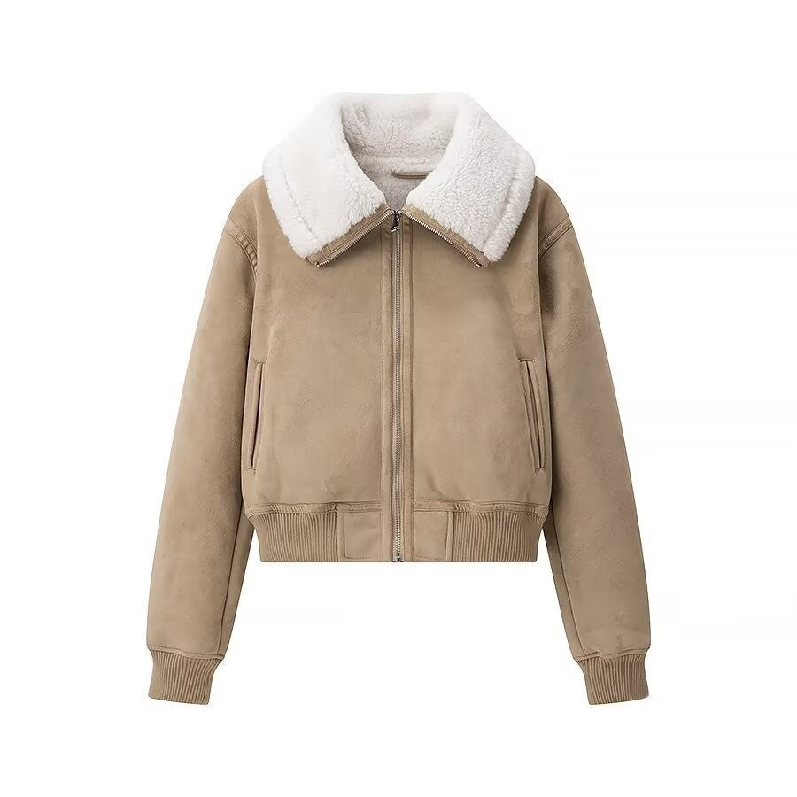 Women's short-cut bomber jacket with faux shearling collar and suede look Mune Fashion