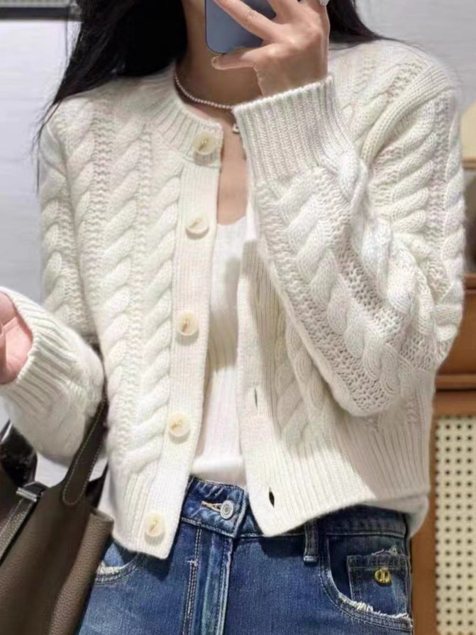 Women Short Braided Knit Cardigan with Wide Rib Hem and Large Buttons Mune Fashion