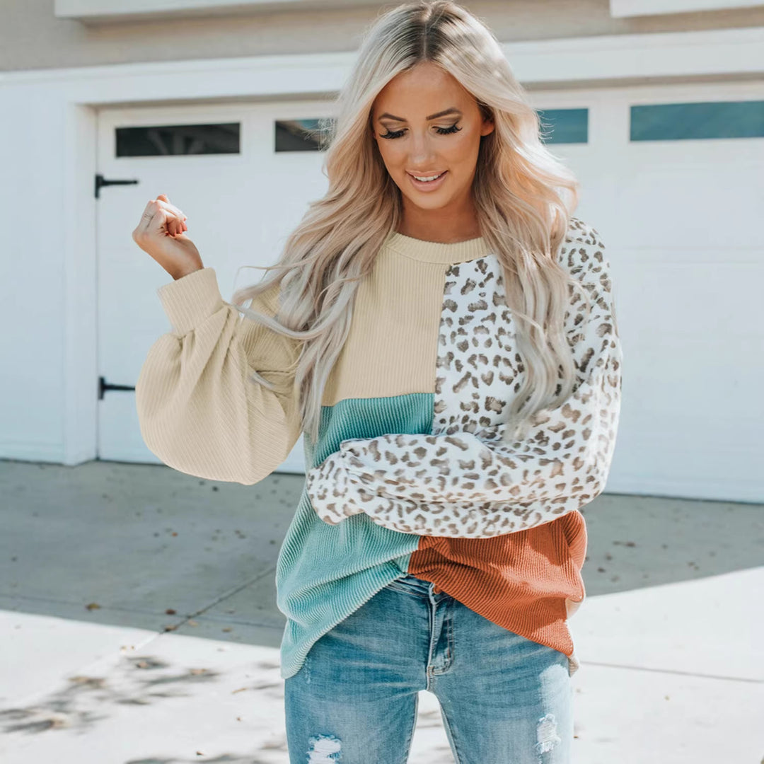 Ladies Oversize Patchwork Sweater with Animal Print and Textured Knit Mune Fashion