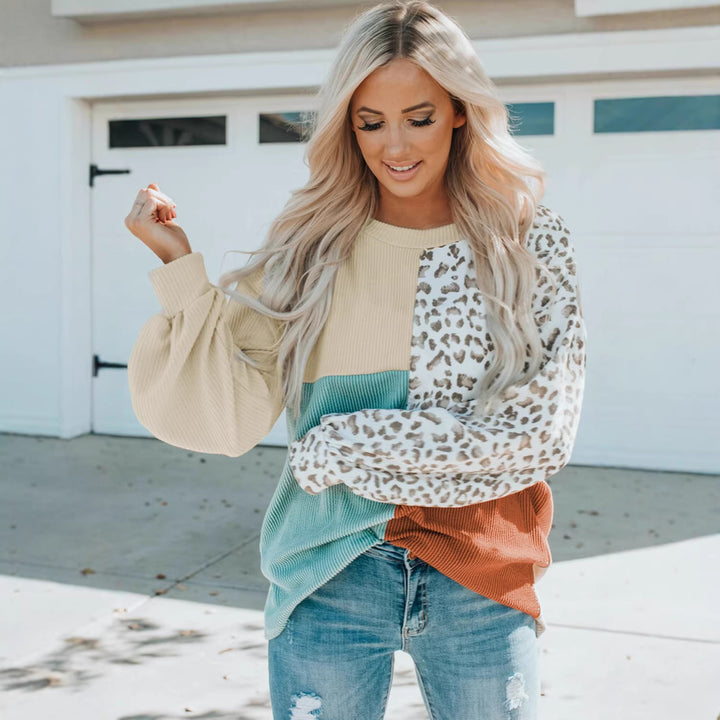 Ladies Oversize Patchwork Sweater with Animal Print and Textured Knit Mune Fashion