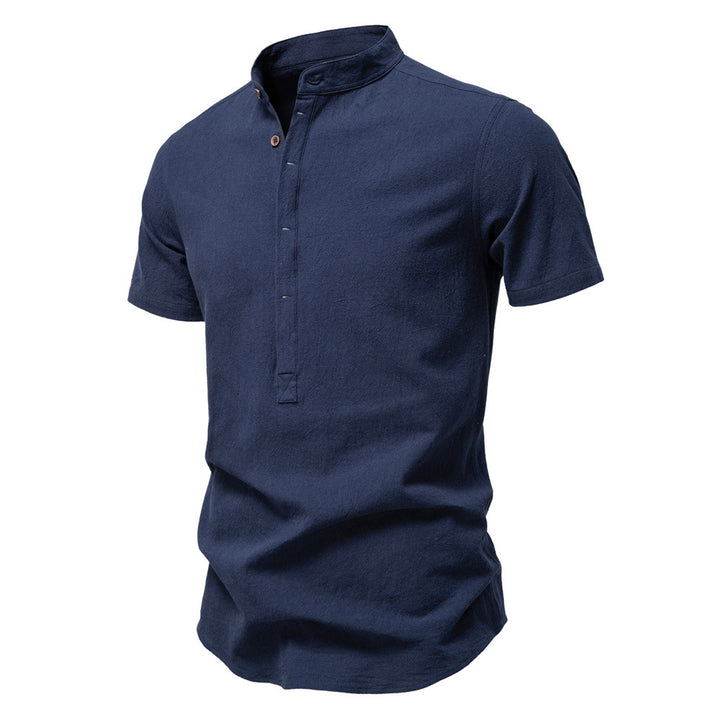 Men's casual short-sleeve shirt with stand-up collar, half button placket, and lightly textured cotton-linen quality Mune Fashion