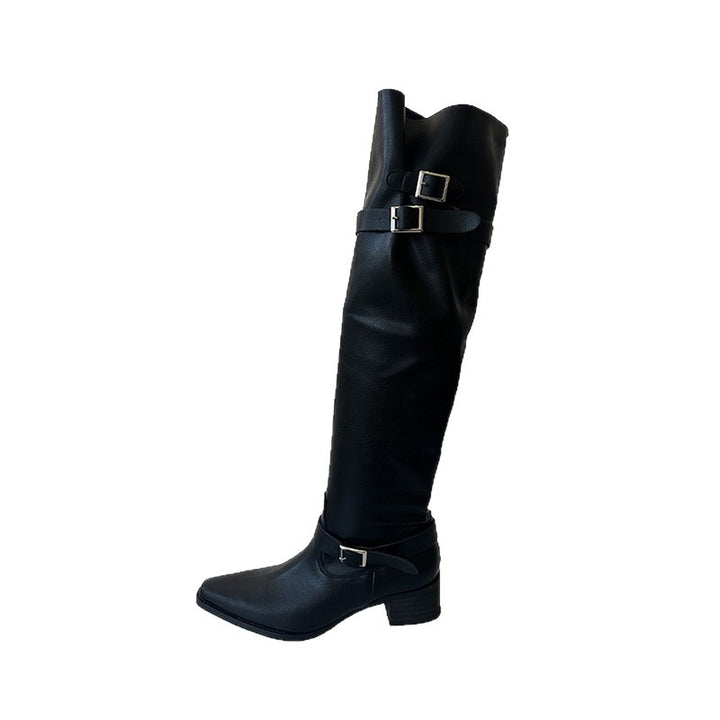Ladies Knee-High Riding Style Boots with Adjustable Buckles Mune Fashion