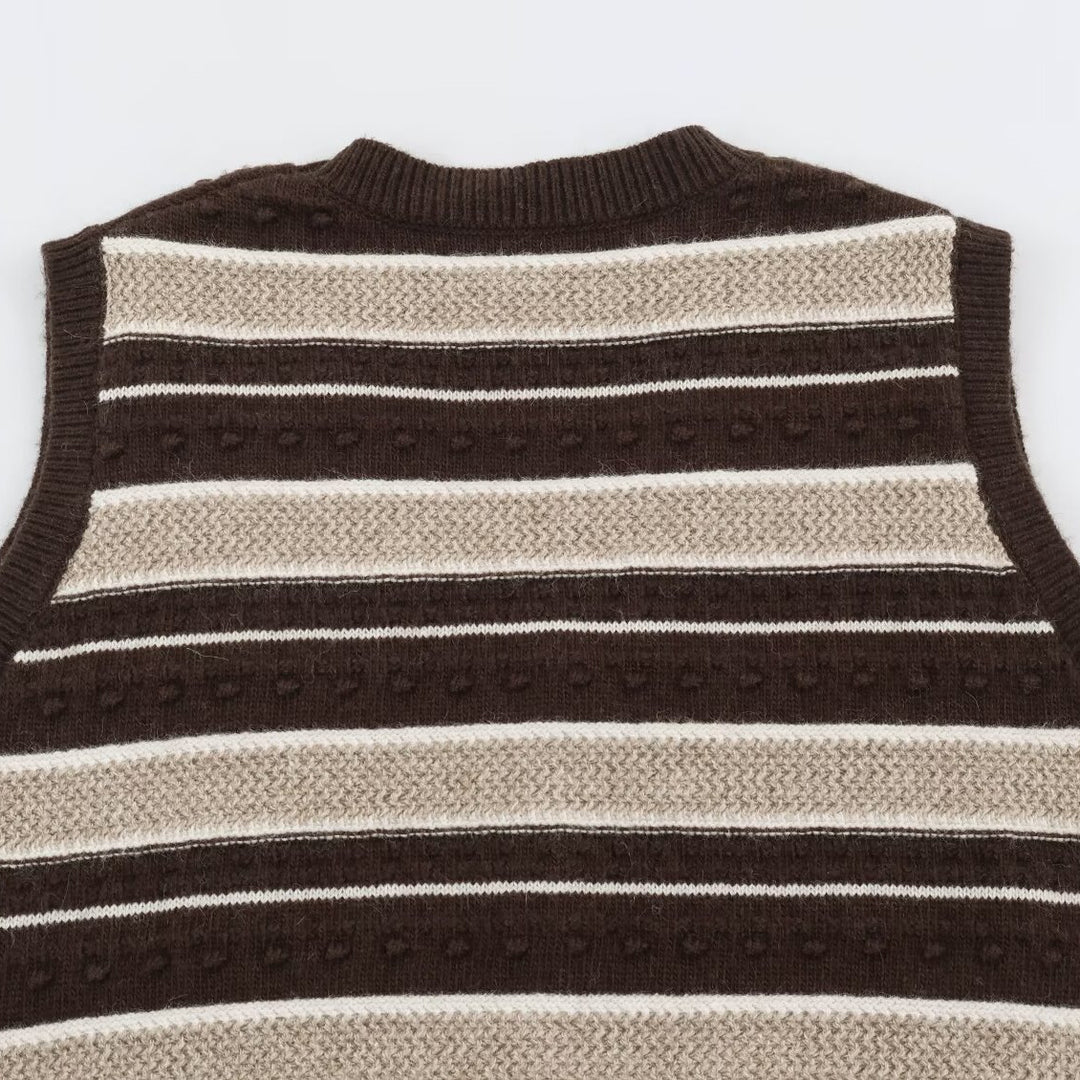 Women's fine knitted vest with V-neck, textured stripes and button placket Mune Fashion