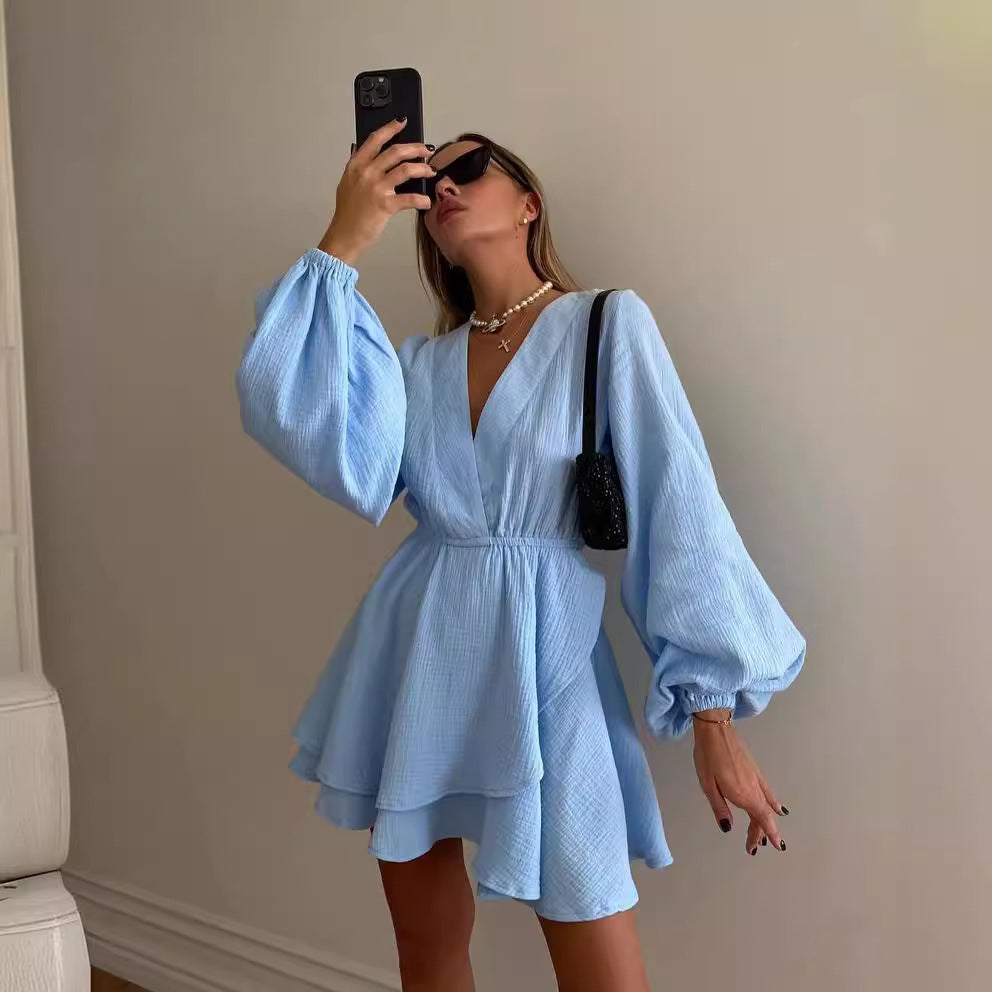 Women's Airy Wrap Dress with Ruffle Layers and Balloon Sleeves Mune Fashion