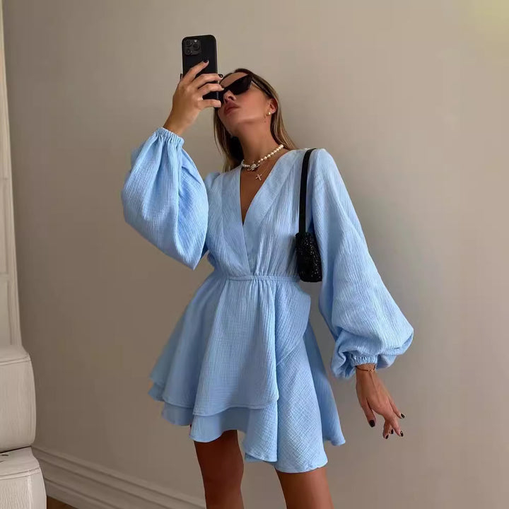 Women's Airy Wrap Dress with Ruffle Layers and Balloon Sleeves Mune Fashion
