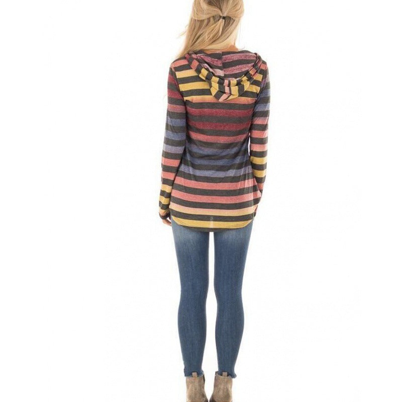 Women Striped Hooded Long Sleeve with Tunic Silhouette Mune Fashion