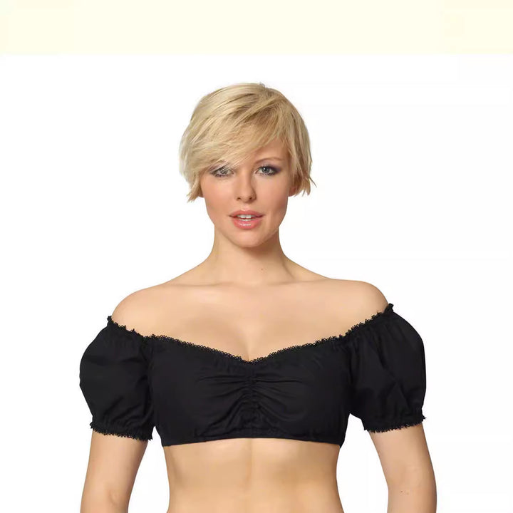 Women's traditional Dirndl blouse with fine lace, deep heart neckline, and gathered waist Mune Fashion