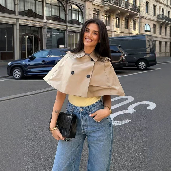 Women's Cropped Cape Trench with double-breasted buttons and shoulder flaps Mune Fashion