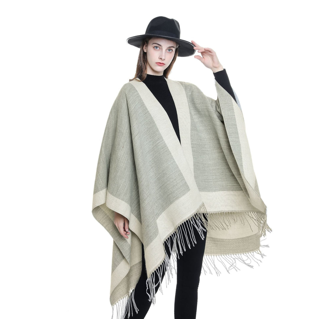 Women Ruana Poncho with Fringe Hem and Herringbone Weave Structure Mune Fashion