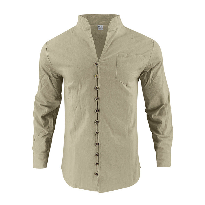 Men's shirt with stand-up collar and asymmetrical button placket made of linen mix Mune Fashion