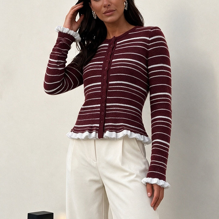 Women's fine knit button cardigan with stripes, ruffle trim & tailored fit Mune Fashion