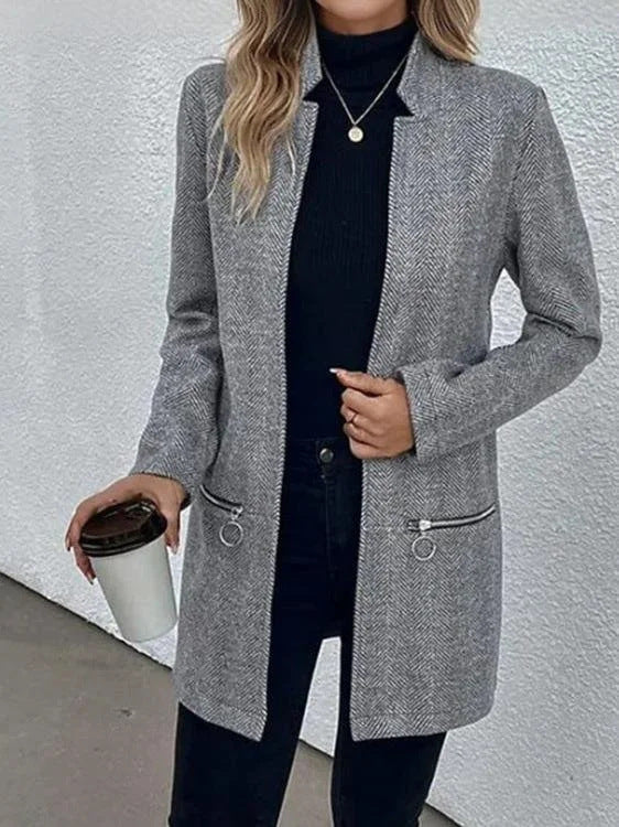Women’s box coat with herringbone structure, slim stand-up collar and decorative zip pockets Drune