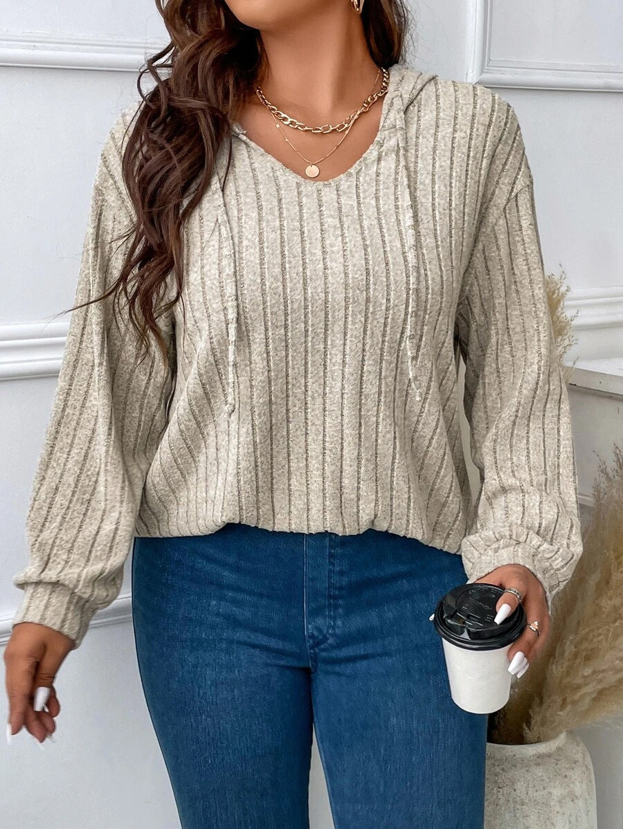 Women's ribbed hoodie made of fine knit with V-neck Mune Fashion