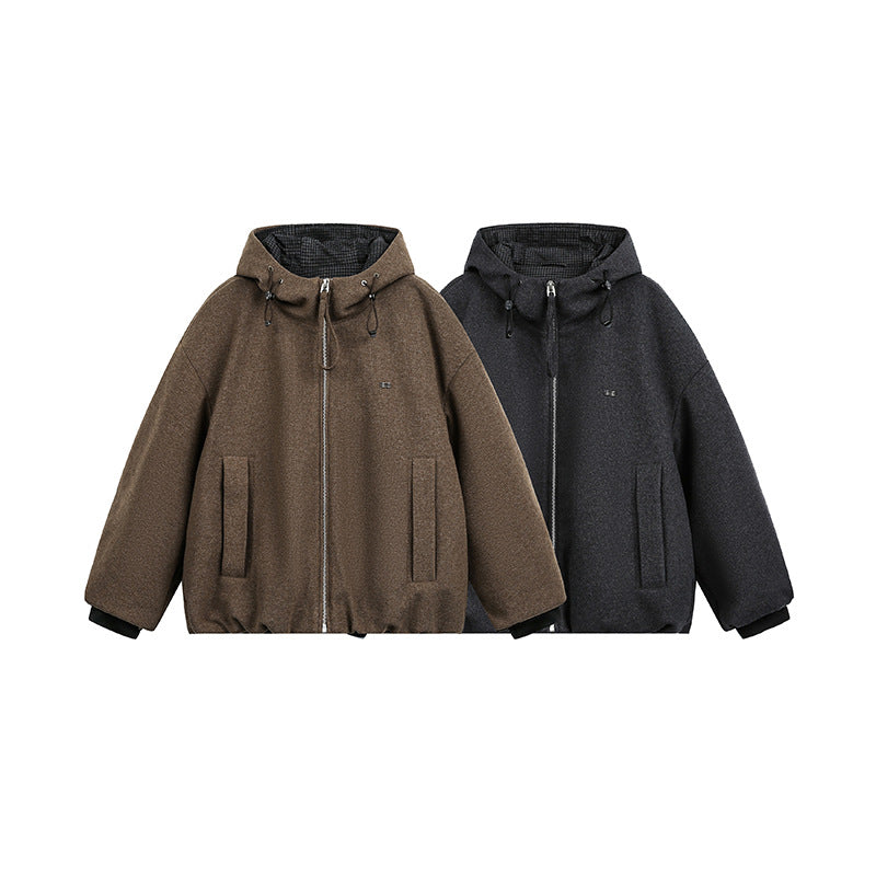 Men's Loose-Fitting Padded Wool Blend Hooded Jacket with Zip and Drawstring Mune Fashion