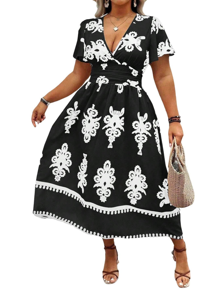Women's Wrap Midi Dress with Tailored Draping and Decorative Border Print Mune Fashion