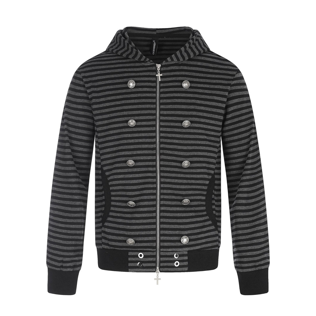 Men Striped Hooded Jacket with Double Button Look, Ribbed Cuffs and Cross Zipper Mune Fashion
