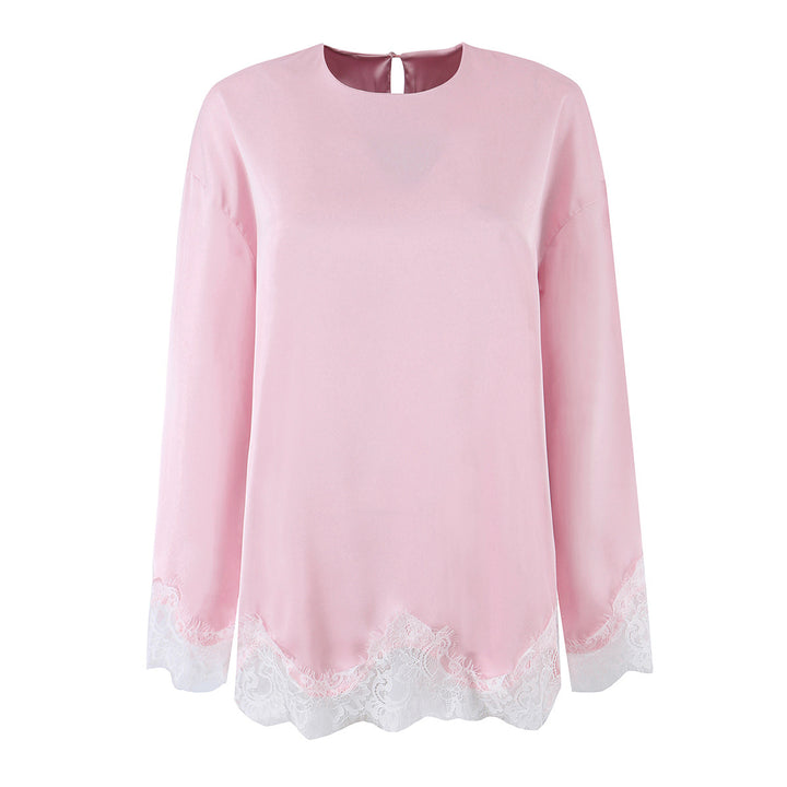 Women Silk Long Sleeve Shirt with Lace Trim at Hem and Cuffs Mune Fashion