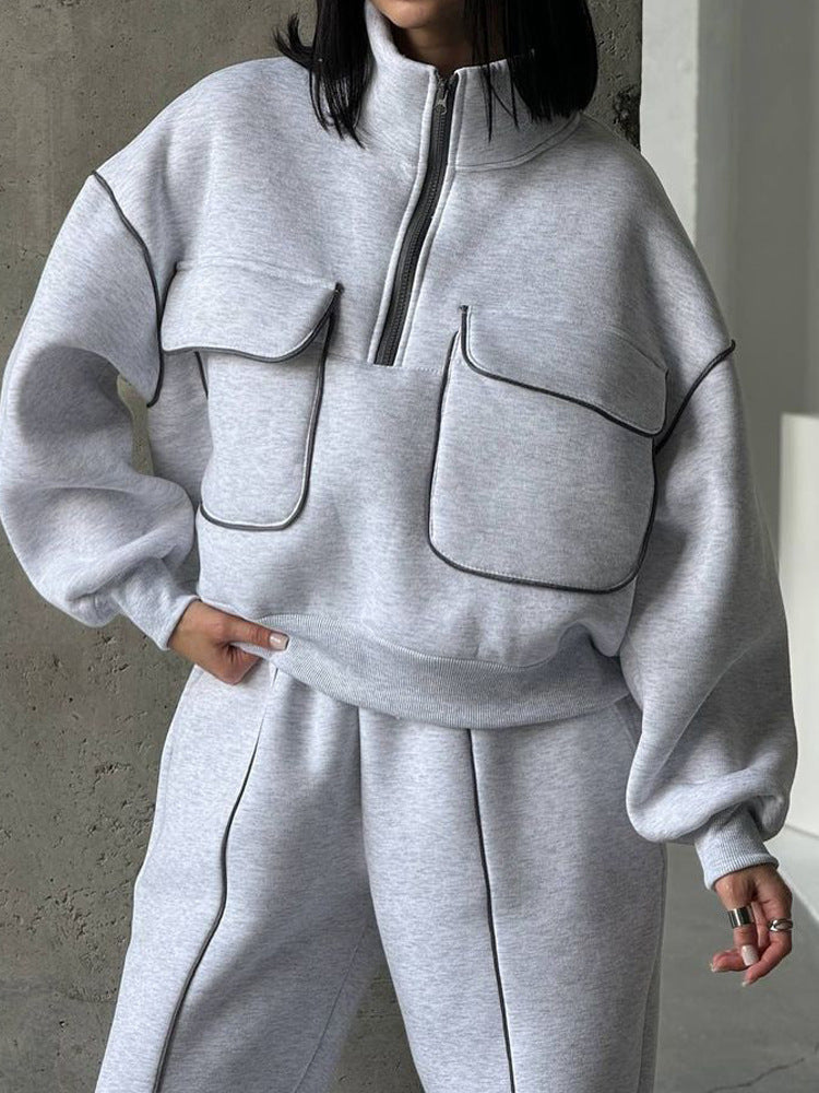 Women's Oversize Half-zip Sweatshirt with Patch Pockets and Contrast Piping Mune Fashion