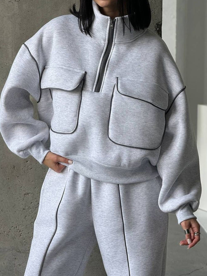 Women's Oversize Half-zip Sweatshirt with Patch Pockets and Contrast Piping Mune Fashion
