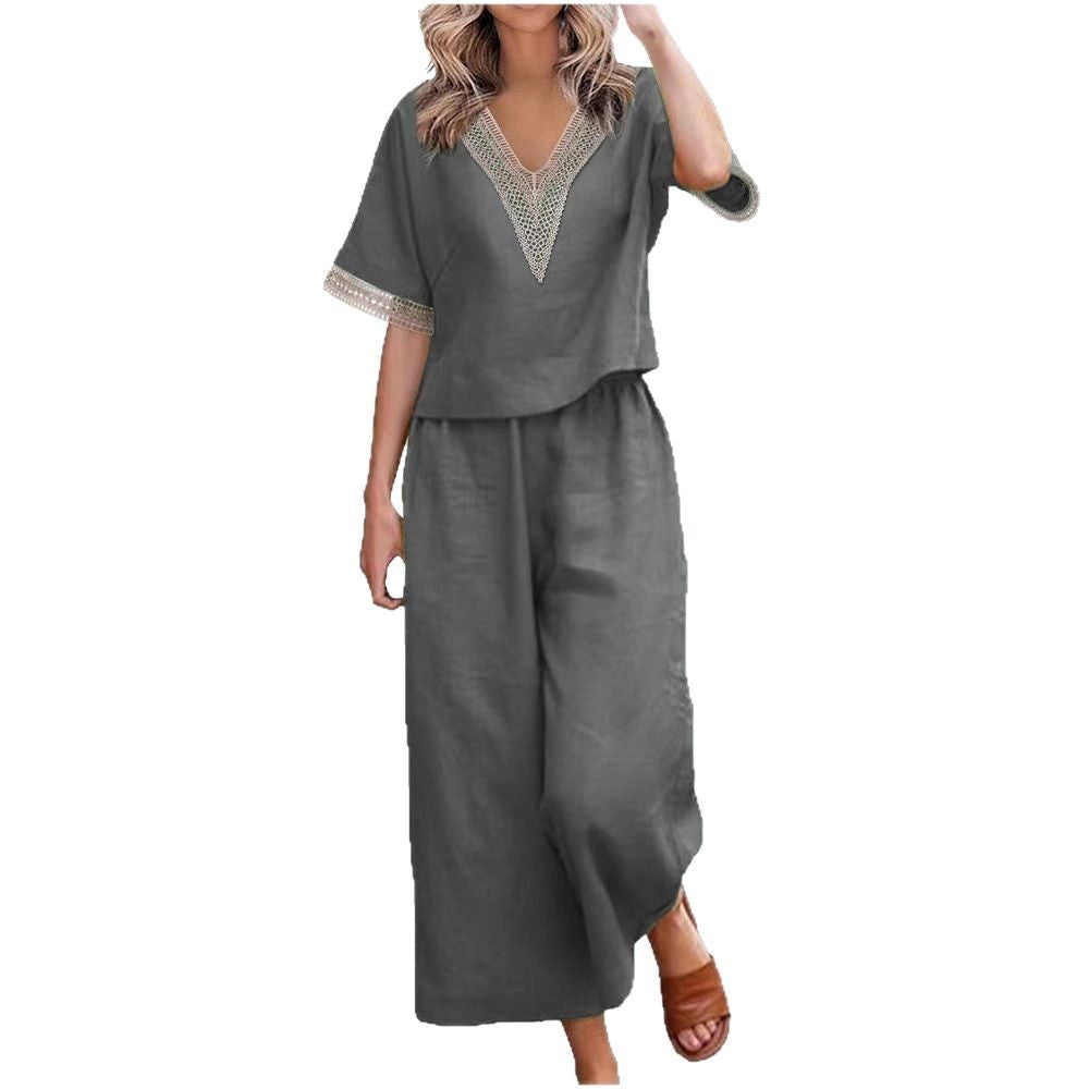 Ladies Fashionable Two-Piece Set with V-Neck and Decorative Accents Mune Fashion