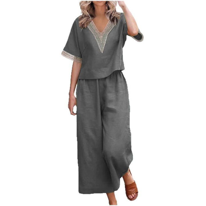 Ladies Fashionable Two-Piece Set with V-Neck and Decorative Accents Mune Fashion