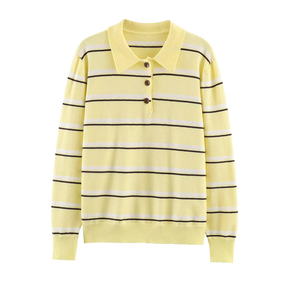 Women's striped polo shirt sweater with turtleneck and subtle button placket Mune Fashion