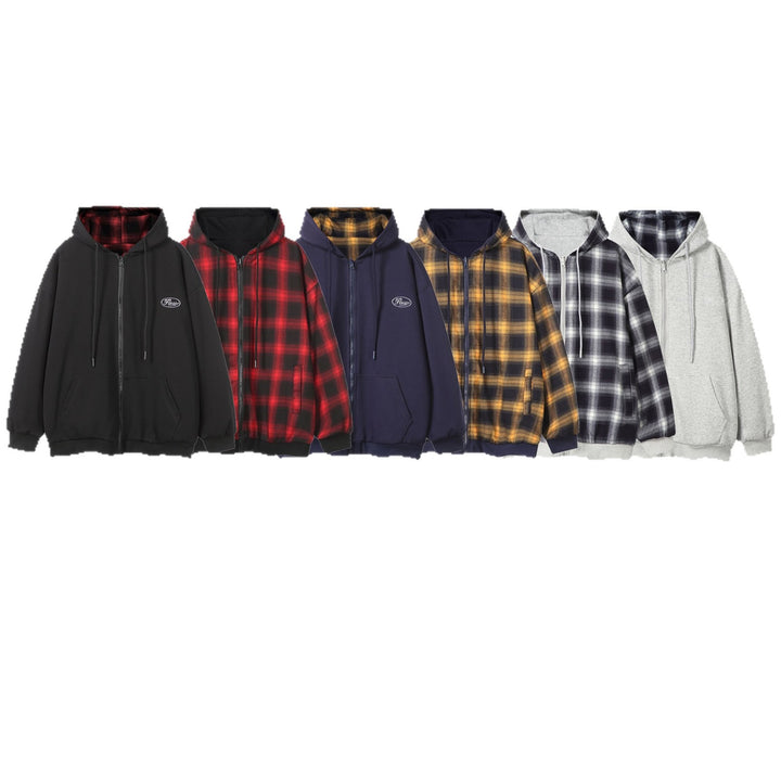 Unisex Oversize Hoodie Zipper Jacket with Checkered Hood Lining and Kangaroo Pockets Mune Fashion