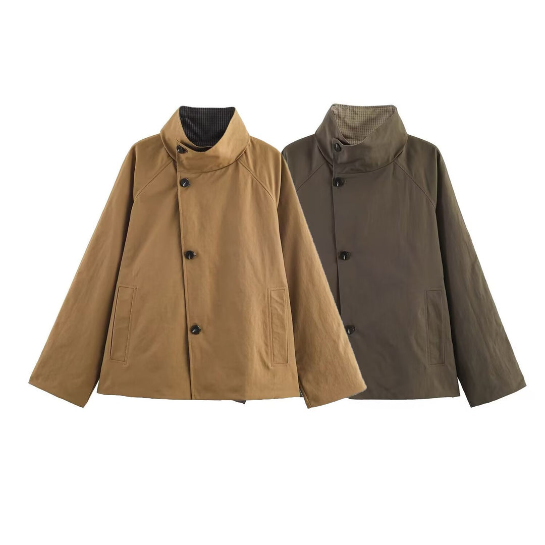 Women's Oversized Short Coat with High Stand Collar, Raglan Sleeves and Concealed Button Placket Mune Fashion