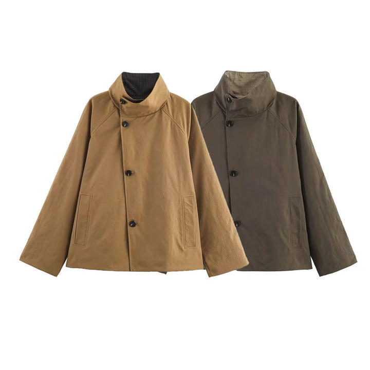 Women's Oversized Short Coat with High Stand Collar, Raglan Sleeves and Concealed Button Placket Mune Fashion