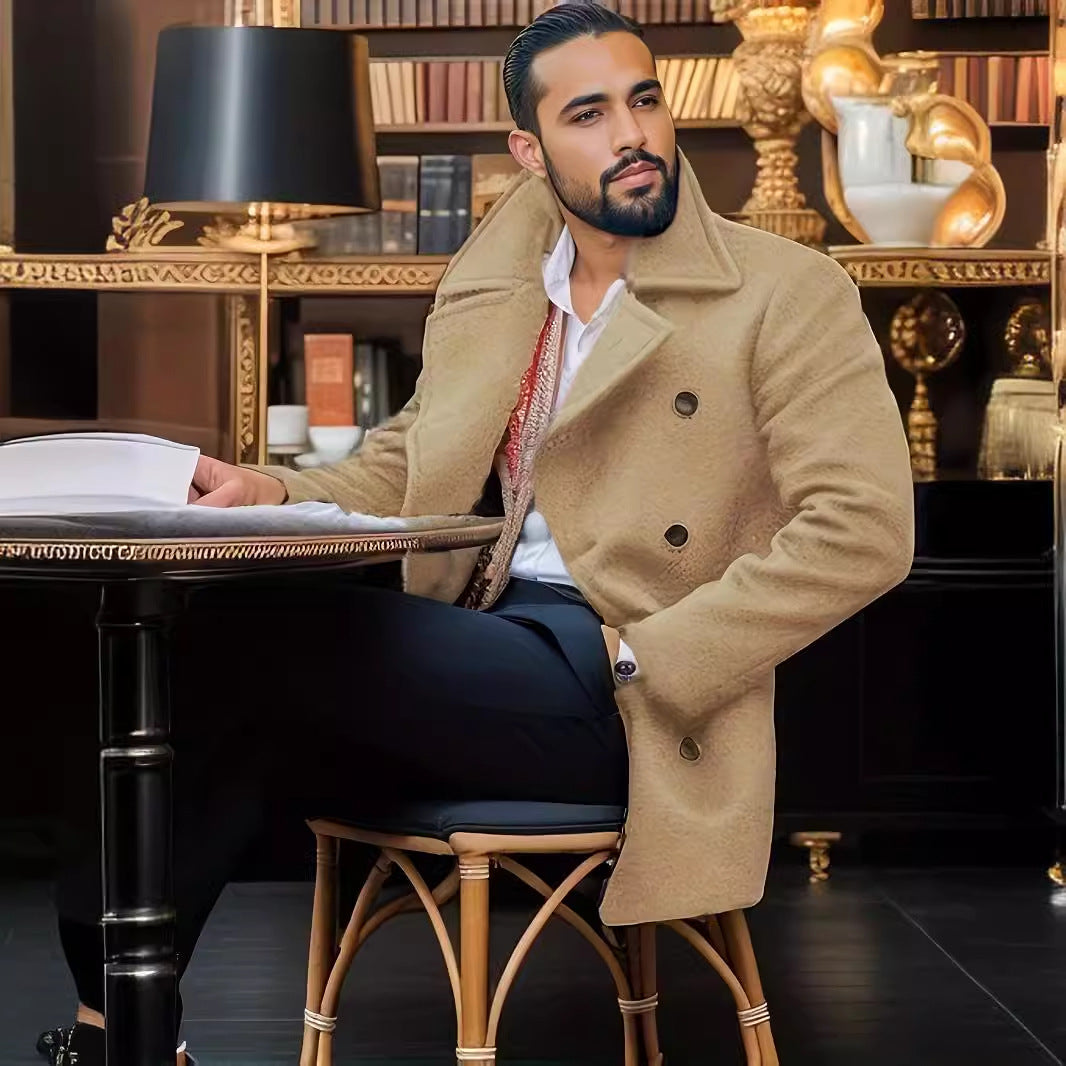 Men's Double-Breasted Wool Coat with High Stand Collar and Tailored Silhouette Mune Fashion