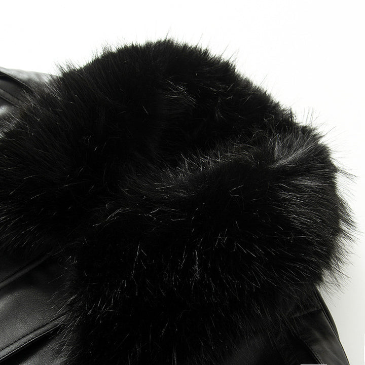 Women's fitted faux leather blouson with voluminous faux fur collar and flap pockets Mune Fashion