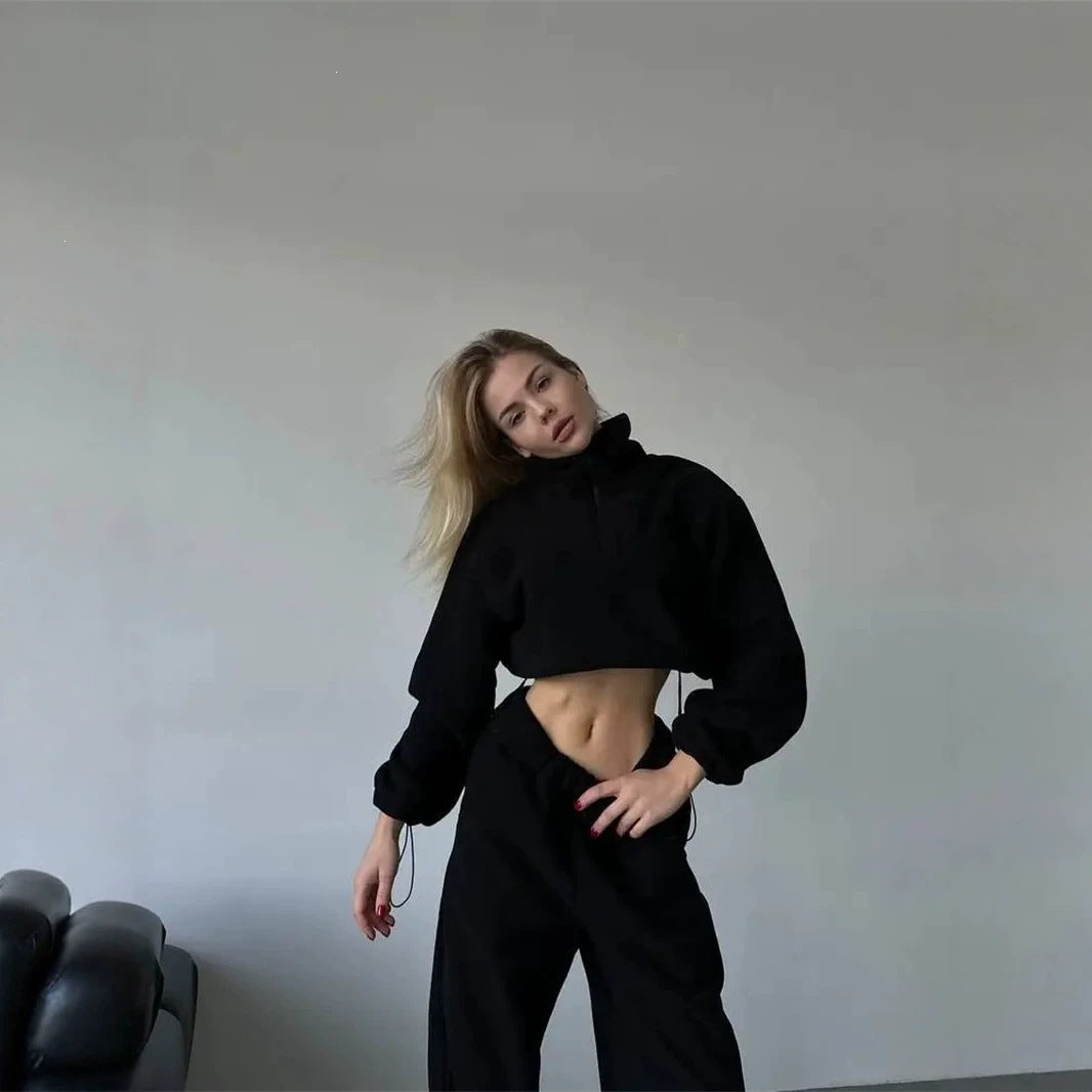 Women's Fleece Cropped Sweatshirt with Half Zip and Drawstring Mune Fashion