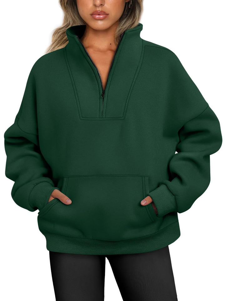 Women's oversized half-zip hoodie with high stand collar, kangaroo pocket, and ribbed cuffs Mune Fashion