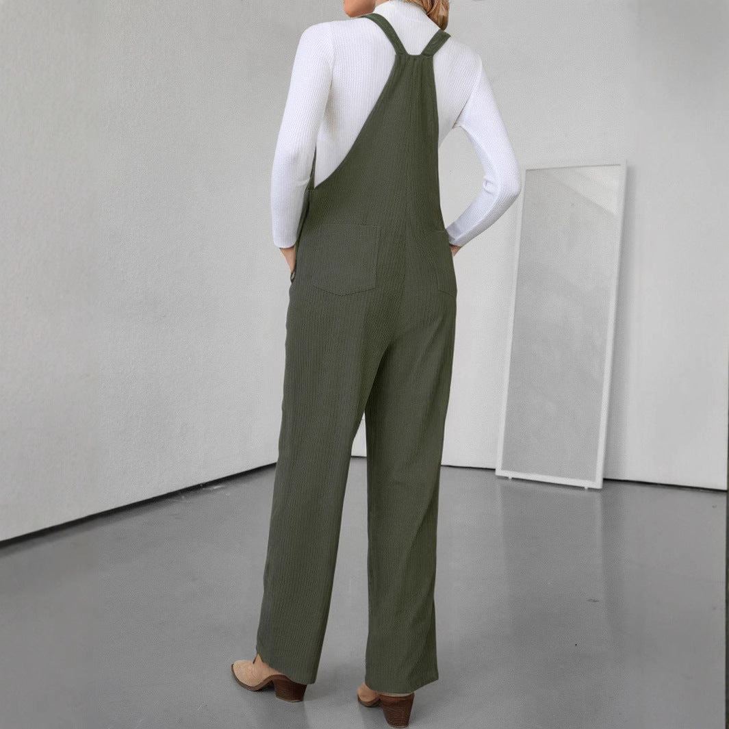 Women's corduroy overalls with wide leg, bib and side button placket Mune Fashion