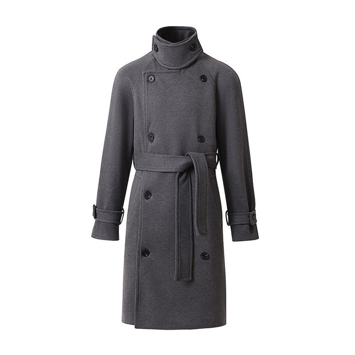 Men's Maxi Length Double-Breasted Wool Blend Coat with High Stand Collar and Tie Belt Mune Fashion
