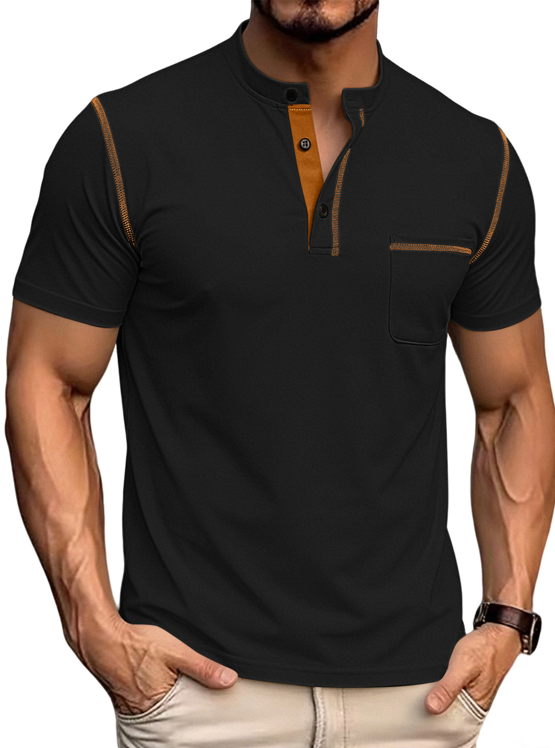 Men's short-sleeved Henley shirt with stand-up collar, chest pocket, and contrasting decorative stitching Mune Fashion