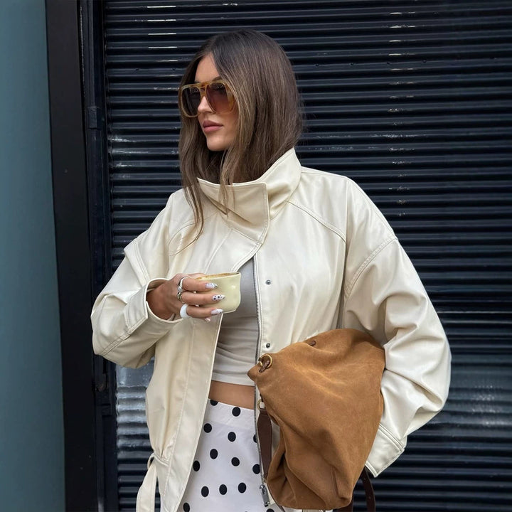 Women Oversized Faux Leather Jacket with High Stand-Up Collar and Drawstring Mune Fashion