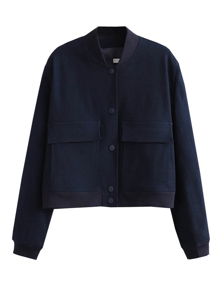 Ladies Short Bomber Jacket with Large Flap Pockets and Ribbed Cuffs Mune Fashion