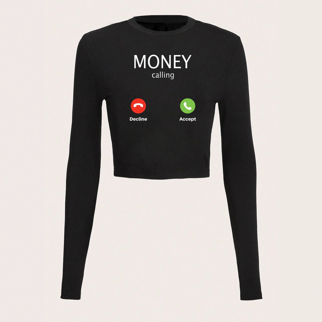 Women's cropped long sleeve with striking statement print and call icon design Mune Fashion