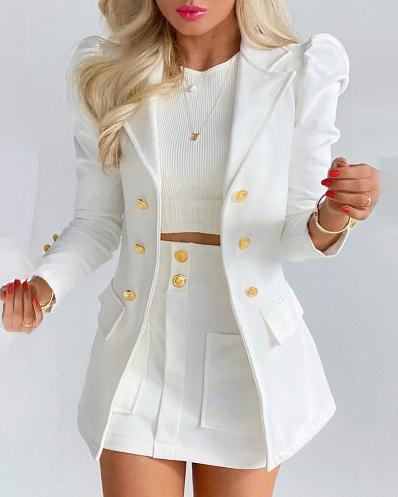 Women Two-piece checked blazer and mini skirt set with accentuated puff sleeves and gold buttons Mune Fashion
